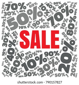 Sale square word cloud made of different percentages of discounts. Vector illustration for advertising offer