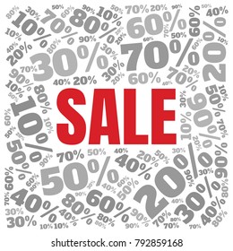 Sale square word cloud made of different percentages of discounts. Vector illustration for advertising offer