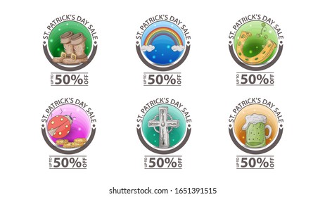 sale, St. Patrick's day, discount up to 50 percent, large set of round icon banners with discounts, with spring icons isolated on a white background EPS 10
