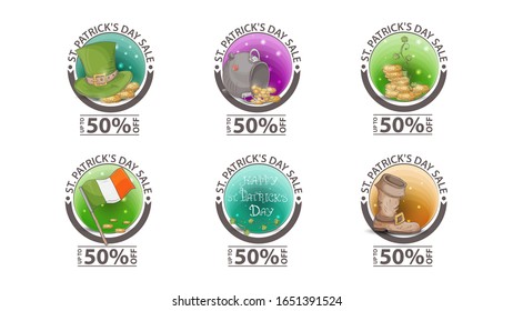 sale, St. Patrick's day, discount up to 50 percent, large set of round banners with discounts, with spring icons isolated on a white background EPS 10