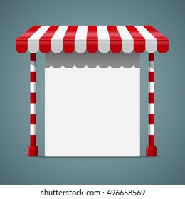 Sale stand with red awning.