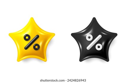 Sale star 3d balloons. Discount party balloons. Balloons for sale discounts, marketing and business. Shine golden 3d star balloon with percent sign. Sale offer elements. Vector illustration