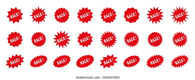 Sale star burst price stickers. Vector. Discount promo boxes, stamps. Circle, oval splash badges. Red tag product labels. Set of starburst shapes isolated on white background. Flat illustration.