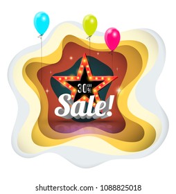 Sale star retro style on paper art background. Vector illustration.