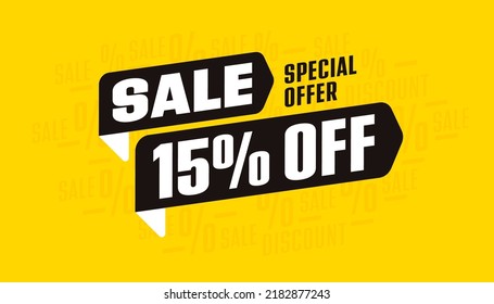 Sale sticker. 15 percent off promotion template. Special offer marketing sale. Shop store label badge vector illustration. Retail discount advertisement. Online market price clearance