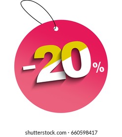 Sale sticker -20% off discount. Isolated vector illustration template paper badge promotion banners flyers app web black  Friday colorful best offer day card gift high quality sign shadow modern 