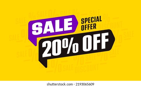 Sale sticker. 20 percent off promotion template. Special offer marketing sale. Retail discount advertisement. Online market price clearance notice. Shop store label badge vector illustration.