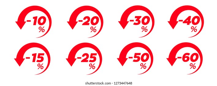 Sale Sticker with arrow -10%, -15%, -20%, 25%, -30%, -50%, -60%,