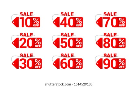 Sale sticker big set in paper tag form with rope and different percentage -  10%, 20%, 30%, 40%, 50%, 60, 70, 80 and 90 percents off - isolated vector elements