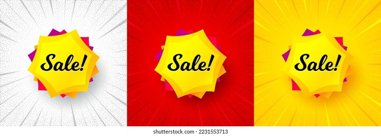 Sale sticker. Flash offer banner, coupon or poster. Discount banner shape. Coupon bubble icon. Sale sticker promo banner. Retail marketing flyer. Starburst pop art. Vector