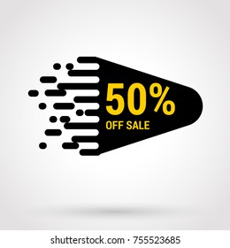 Sale sticker with hand drawn elements in yellow and black colors on white background. 50 percent off.