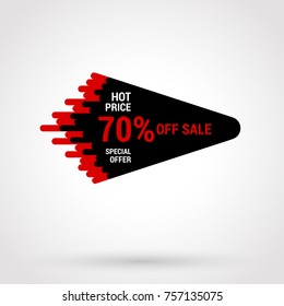 Sale sticker with hand drawn elements in black and red colors on white background. Hot price. 70 percent