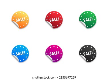 Sale sticker icon set. Round colored badges with text and shadows under it. Flat vector illustration.