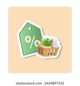 Sale sticker illustration. Basket, products, percent, label. Editable vector graphic design.