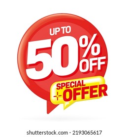 Sale sticker or label badge template. Up to 50 percent off special offer. Retail shopping with half price discount sticker label design for website or social media vector illustration on white