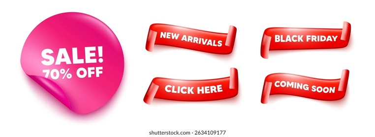 Sale sticker, offer ribbons. Black friday, coming soon. Sale 70 percent off discount. Promotion price offer sign. Retail badge symbol. Pink sticker tag. Flag ribbon banners. Vector