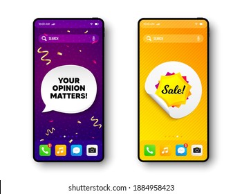 Sale sticker. Phone mockup vector confetti banner. Discount banner shape. Coupon bubble icon. Social story post template. Your opinion matters speech buuble. Cell phone frame banner. Vector