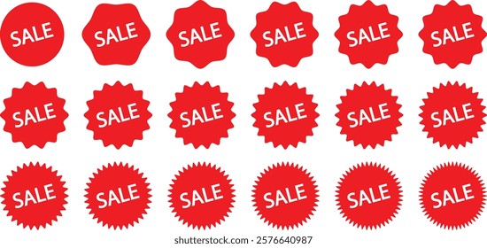 Sale sticker, price tag, starburst icon set. Set of red starburst badges promotional labels price stickers or sunburst promo tags. Circle sticker set. Wavy edge promo red badges. Star burst shape
