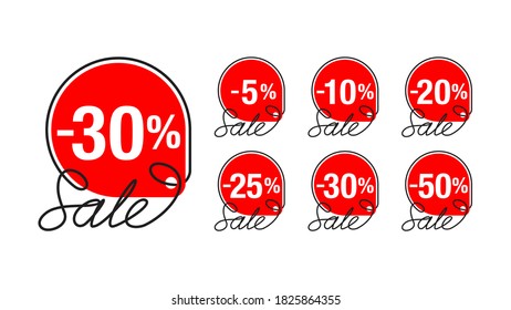 Sale sticker in rounded rope tag form and different percentage - 5, 10, 20, 25, 30 and 50 percents