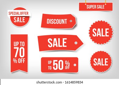 Sale sticker set, big collection of red discount tags and button for apps and print. Special offer banners and ribbons. Vector elements, eps10