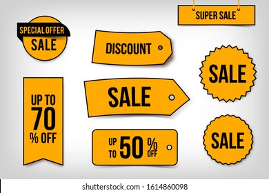 Sale sticker set, big collection of discount tags and button for apps and print. Special offer banners and ribbons. Vector elements, eps10