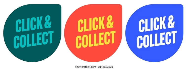 Sale sticker set with click and collect promo text. Online store label pointing to order and add purchase into shopping basket vector illustration isolated on white background