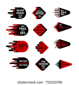 Sale sticker set with hand drawn elements in red and black colors on white background. Hot price and discount