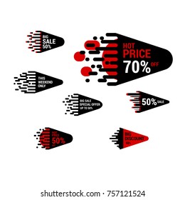 Sale sticker set with hand drawn elements in red and black colors on white background. Hot price and Big discount