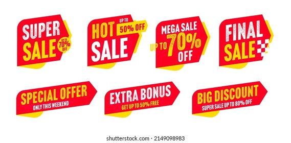 Sale sticker set with mega discount special offer. Grunge badge with best deal up to 80, 70 percent off hot clearance and final extra super sale vector illustration