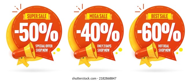 Sale sticker set. Minus 50, 40, 60 percent discount on price super sale. Mega sale special offer promotion. Best sale hot deal only 2 days advertising. Weekend discount label vector illustration