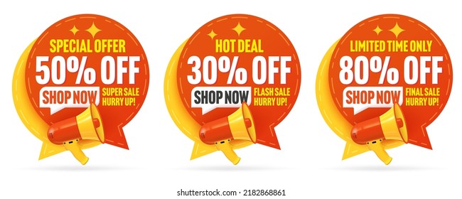 Sale sticker set. Special offer with 50, 30, 80 percent off. Hot deal for online shopping promotion. Limited time only super sale advertisement. Final clearance and flash sale vector illustration