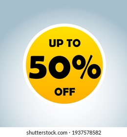 Sale sticker shop product tag label or sale poster and banner with bright circle 50% discount vector icon sticker template for advertisement