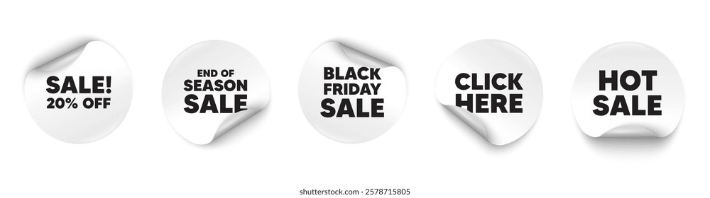 Sale sticker tag. Season sale, Black friday paper price banners. Sale 20 percent off discount. Promotion price offer sign. Retail badge symbol. Click here sticker. Vector