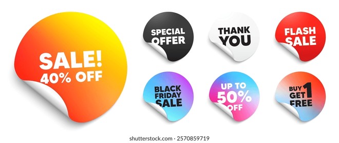 Sale sticker tag. Special offer paper price tags. Sale 40 percent off discount. Promotion price offer sign. Retail badge symbol. Discount, black friday sticker. Promo banner. Vector