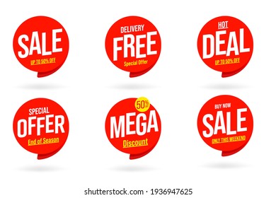 Sale Sticker Template With Sale Offer, Discount Offer, End Of Seasone Offer. Mega Discount And Hot Sale On Red Tag.