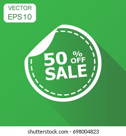 Sale stickers 50% percent off shopping icon. Business concept sale sticker pictogram. Vector illustration on green background with long shadow.