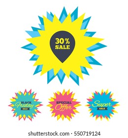 Sale stickers and banners. 30% sale pointer tag sign icon. Discount symbol. Special offer label. Star labels. Vector