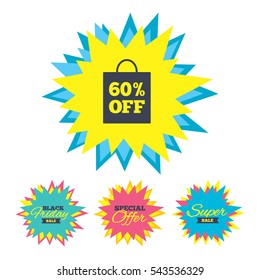 Sale stickers and banners. 60% sale bag tag sign icon. Discount symbol. Special offer label. Star labels. Vector
