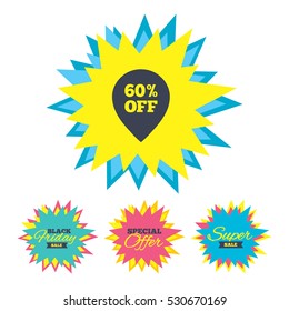 Sale stickers and banners. 60% sale pointer tag sign icon. Discount symbol. Special offer label. Star labels. Vector