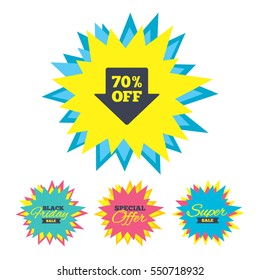 Sale stickers and banners. 70% sale arrow tag sign icon. Discount symbol. Special offer label. Star labels. Vector