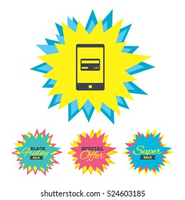 Sale stickers and banners. Mobile payments icon. Smartphone with credit card symbol. Star labels. Vector