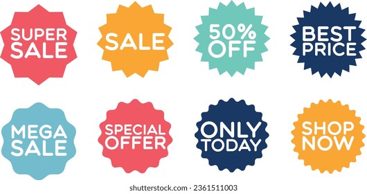 Sale stickers. Colorful spiky polygonal stickers. Sale, shop now, only today, special offer, best price. Vector set stickers or icons.