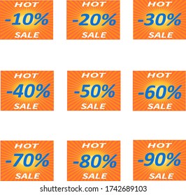 Sale stickers with discounts. Different percentages, bright design with sun and sunbeams