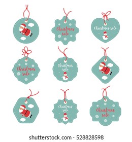 Sale Stickers Graphics. Merry Christmas happy labels. Happy holidays promo tags. Santa Claus, snowflakes, snowman