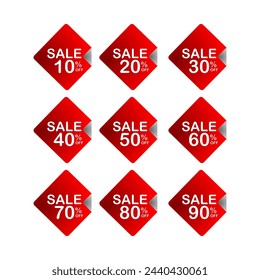 Sale stickers and labels with Sale up to 10 - 90 percent text on red square stickers and labels. vector