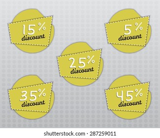 Sale stickers and labels with Sale up to 5 - 45 percent text on yellow circle stickers and labels. Discount. Vector illustration