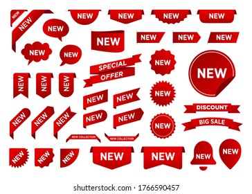 Sale stickers and New Arrival shop product tags set, new labels or sale posters and banners icons templates. Discount ribbons. Special offer. Red isolated on white background, vector illustration. 