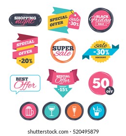 Sale stickers, online shopping. Alcoholic drinks icons. Champagne sparkling wine with bubbles and beer symbols. Wine glass and cocktail signs. Website badges. Black friday. Vector
