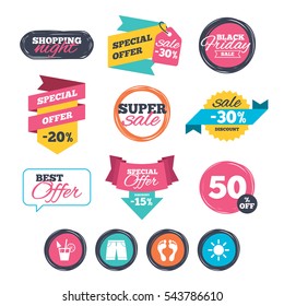 Sale stickers, online shopping. Beach holidays icons. Cocktail, human footprints and swimming trunks signs. Summer sun symbol. Website badges. Black friday. Vector
