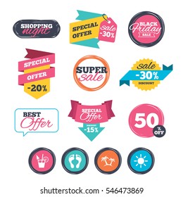 Sale stickers, online shopping. Beach holidays icons. Cocktail, human footprints and palm trees signs. Summer sun symbol. Website badges. Black friday. Vector